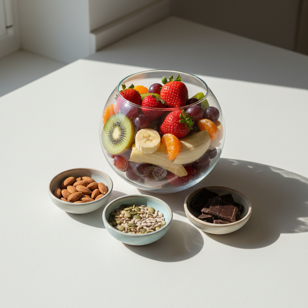 An uncluttered, modern kitchen countertop in matte white stone, with a clear glass bowl filled with fresh seasonal fruits in varying colors and textures, positioned centrally. Around the bowl, small ceramic dishes hold nuts, seeds, and dark chocolate pieces, suggesting variety and choice. Diffused midday light from an unseen window bathes the scene, casting soft, natural shadows and subtle reflections on the surface. Photographic realism, shot from a slightly elevated angle with clean, professional composition. The atmosphere is inviting and non-judgmental, conveying abundance and flexibility, with a crisp, minimalist aesthetic that supports a weight-neutral perspective on intuitive eating.