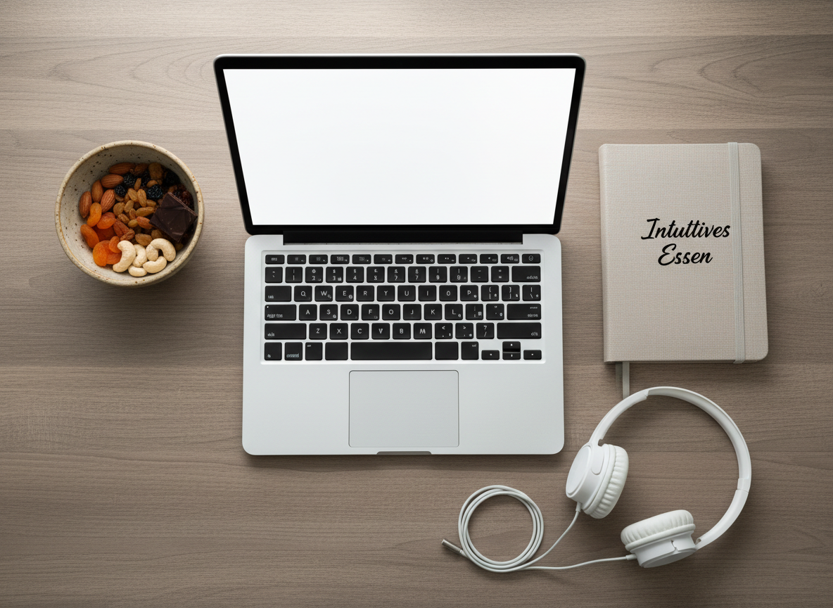 A flat lay of a tidy wooden desk with a subtle, natural grain, displaying a sleek laptop with a blank, softly glowing screen, a closed, neutral-toned planner titled “Intuitives Essen”, and a pair of simple, over-ear headphones. To the side, a small ceramic bowl holds mixed snacks—nuts, dried fruit, and a piece of chocolate—suggesting permission to eat while working. Soft, indirect daylight illuminates the scene from the top of the frame, with gentle, evenly distributed shadows. Photographic realism with a clean, professional aesthetic, composed from a bird’s-eye view for clarity. The mood is organized yet relaxed, ideal for presenting 1:1 online counseling sessions in a non-diet, weight-neutral context.